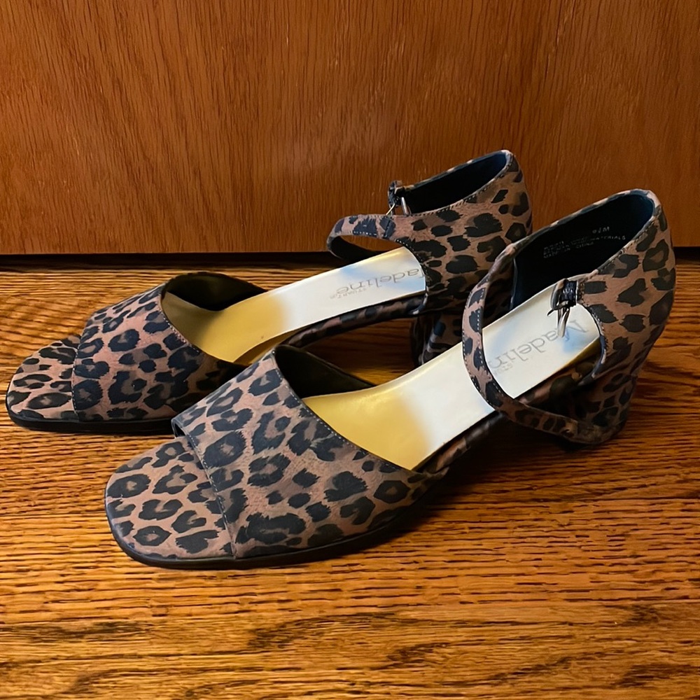 Basil Leopard Madeline Stuart strapped platform heels.